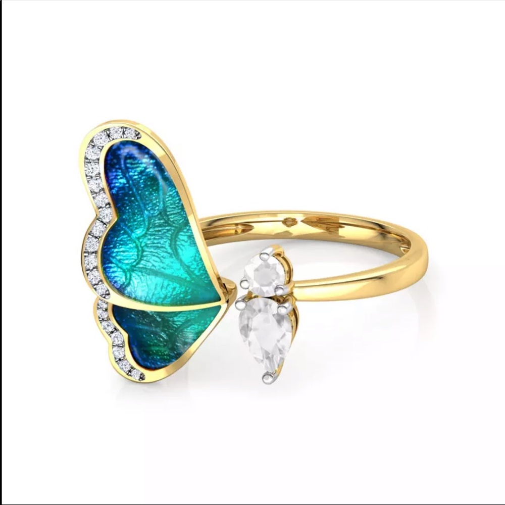 New Women’s Yellow Gold Plated Butterfly Adjustable Diamond Ring - Picture 4 of 6